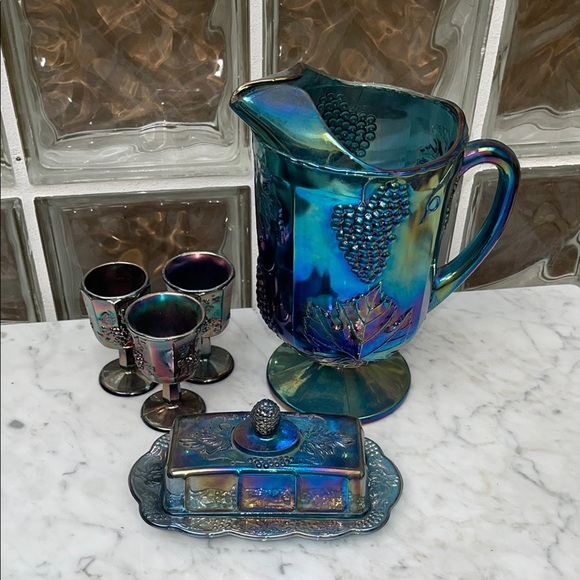 Vintage Iridescent Blue Glassware pitcher Set